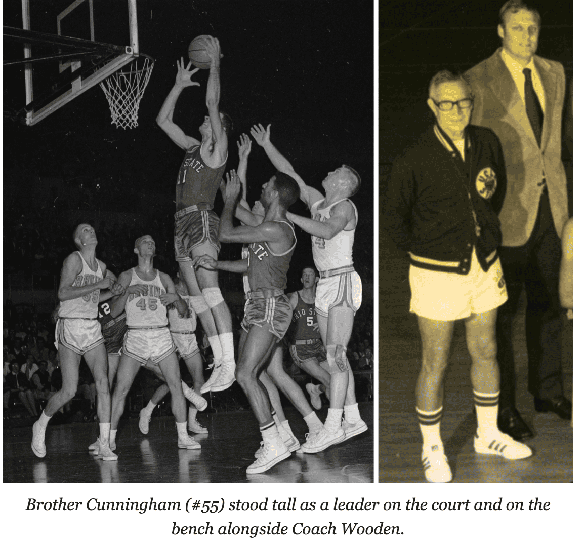 Brother Cunningham (#55) stood tall as a leader on the court and on the bench alongside Coach Wooden